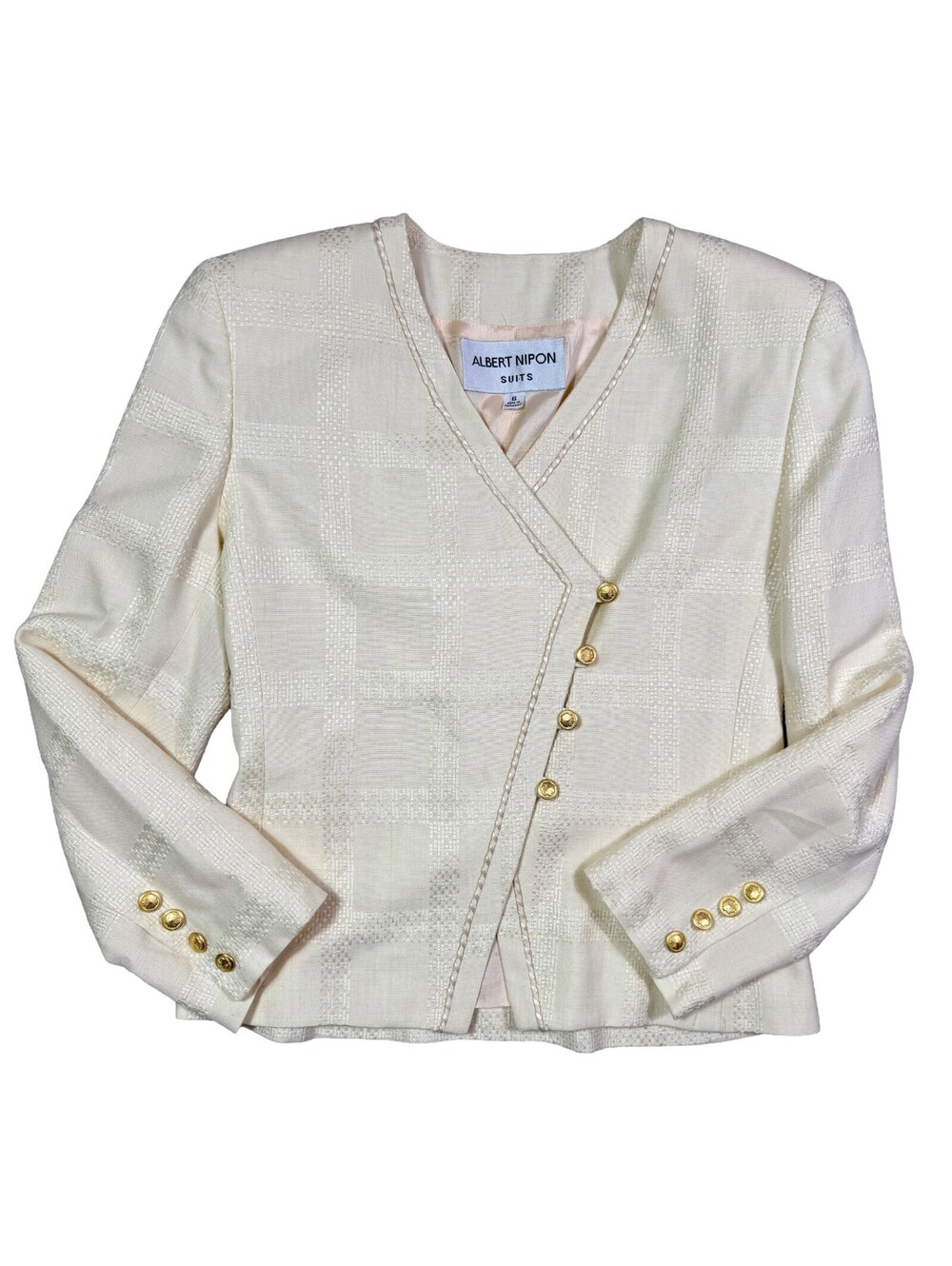 Vintage Albert Nipon Womens 6 Ivory Linen Blend Asymmetrical Blazer Gold Buttons